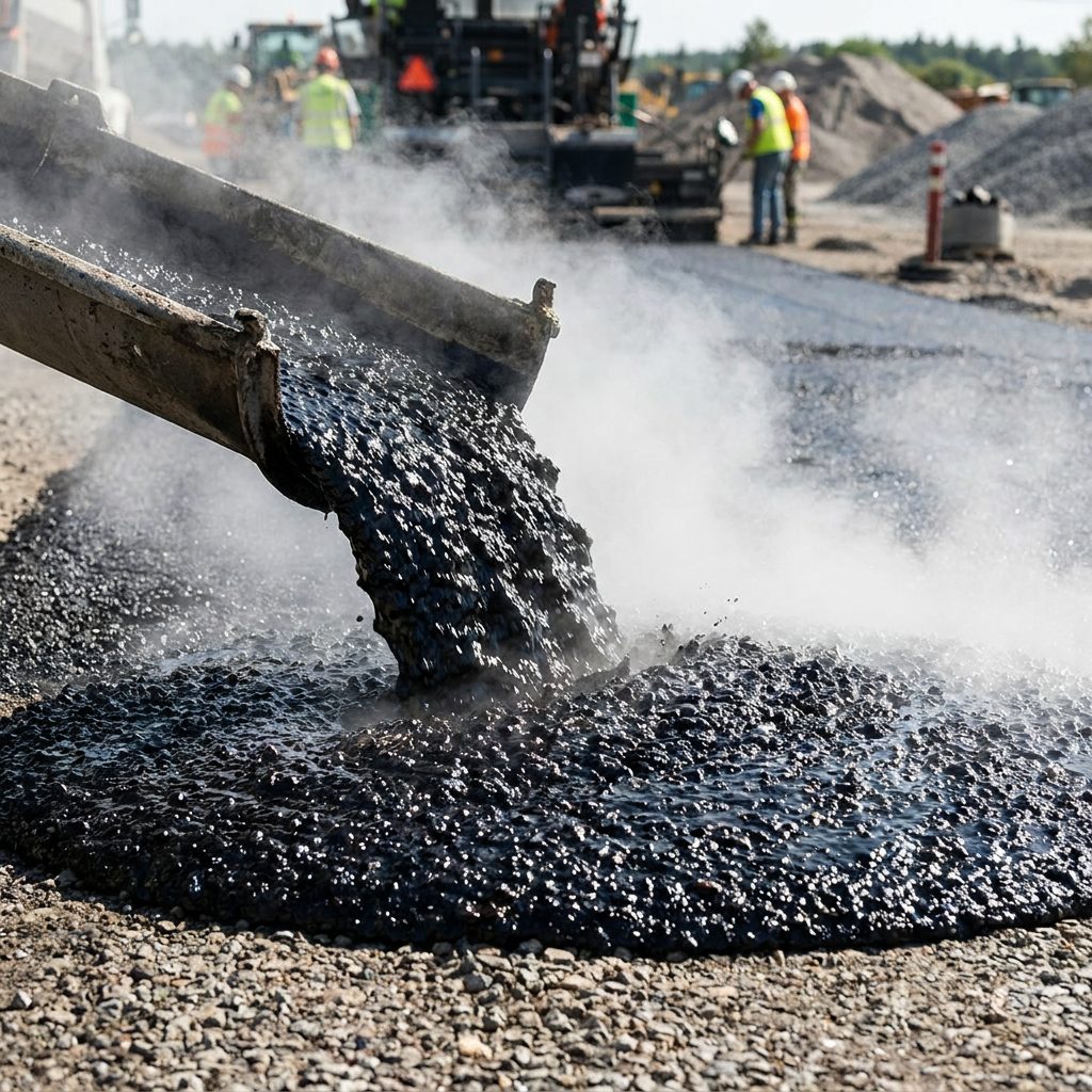 Hot bitumen being poured during road paving works, representing BRONCI's Bitumen supply