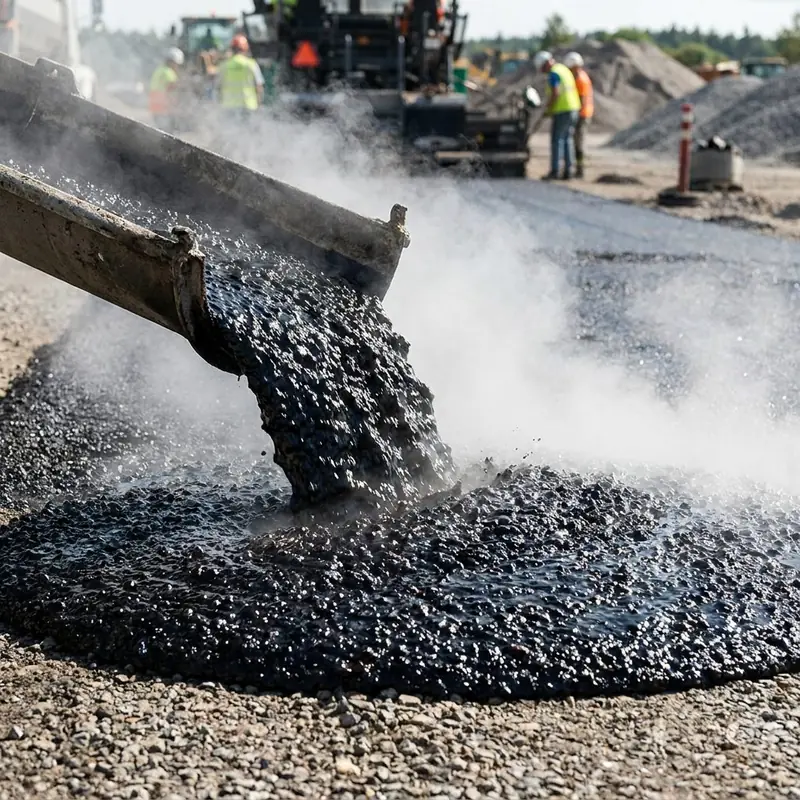 Hot bitumen being poured during road paving works, representing BRONCI's Bitumen supply
